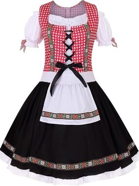 Red Gingham Bavarian Costume with White Apron